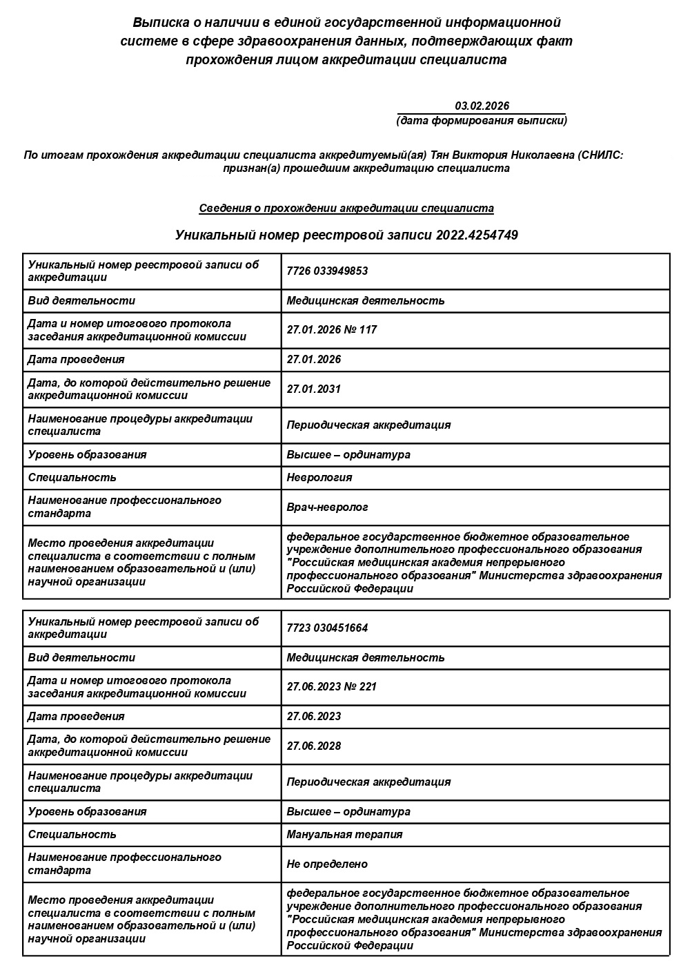 Тян Виктория Николаевна — выписка об аккредитации по неврологии от 03.02.2026