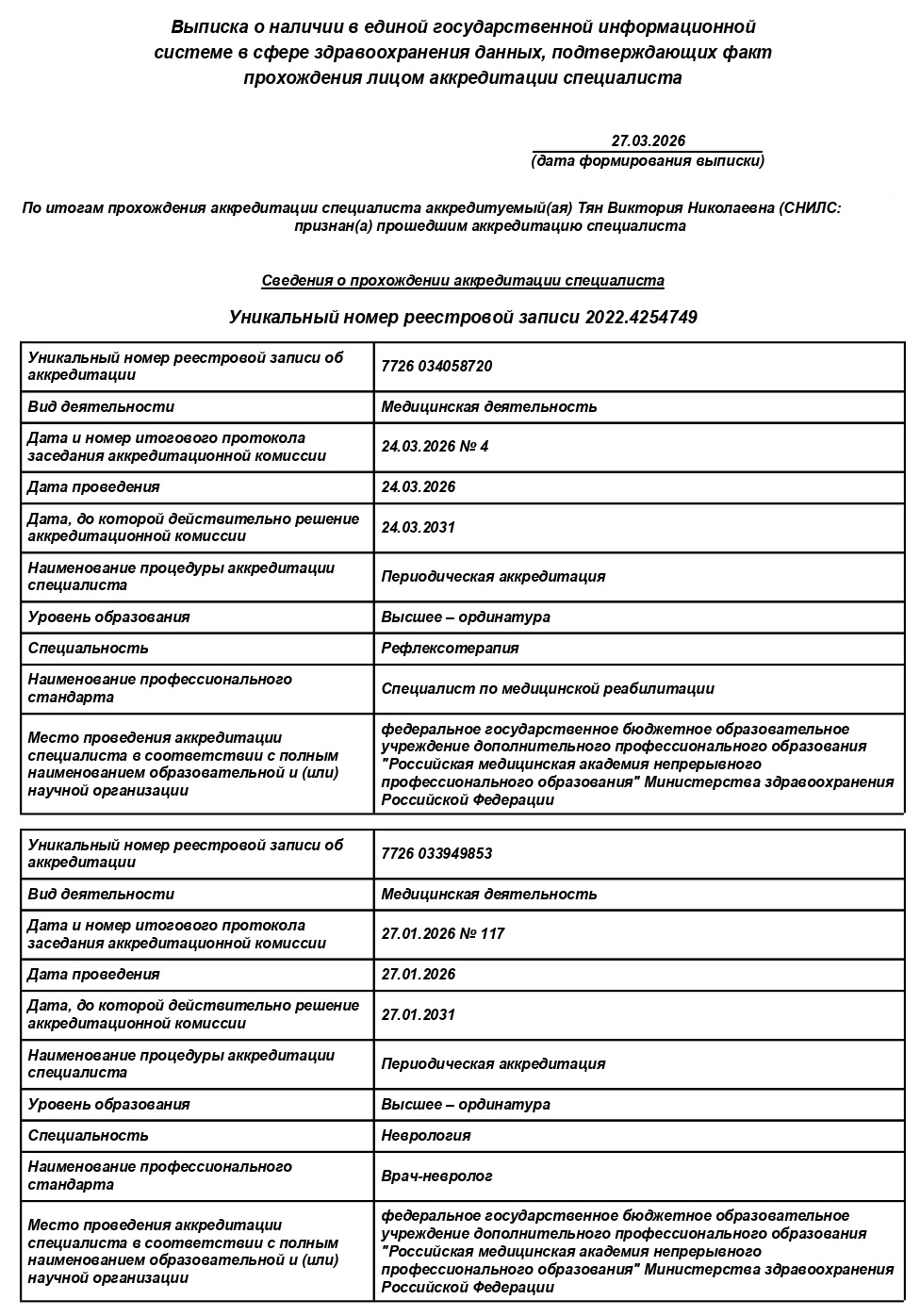 Тян Виктория Николаевна — выписка об аккредитации по рефлексотерапии от 27.03.2026